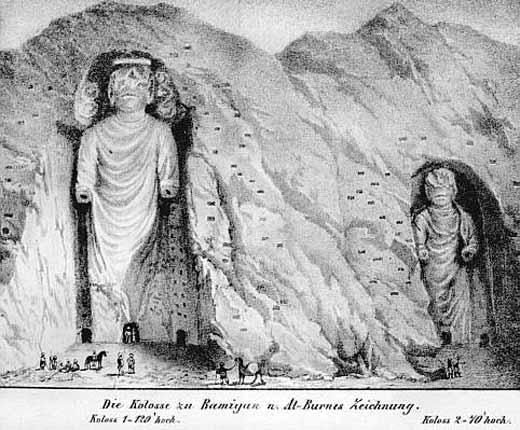 Gravure ancienne des Bouddha de bamiyan.