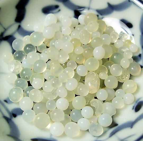 Perles reliques du Bouddha de couoleur nacrée.